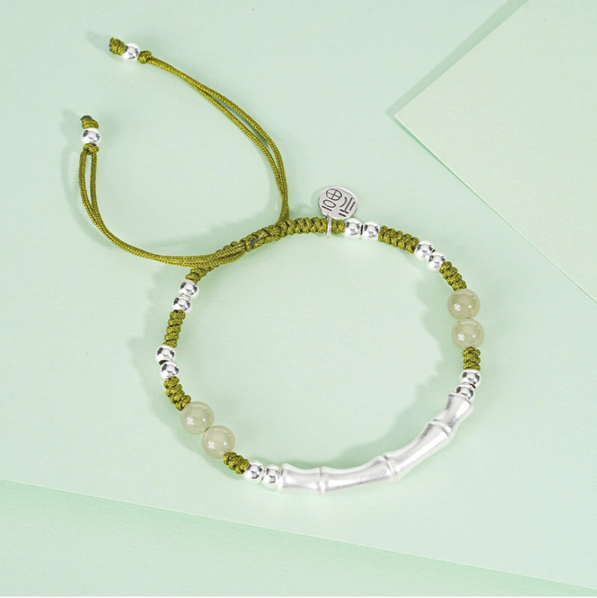 Oriental Treasure Bambusarmband Natürlicher Hetian-Jade-Armband Charakter "Fu" (福) Schutz 999-Silberarmband Verstellbarer geflochtener Seil