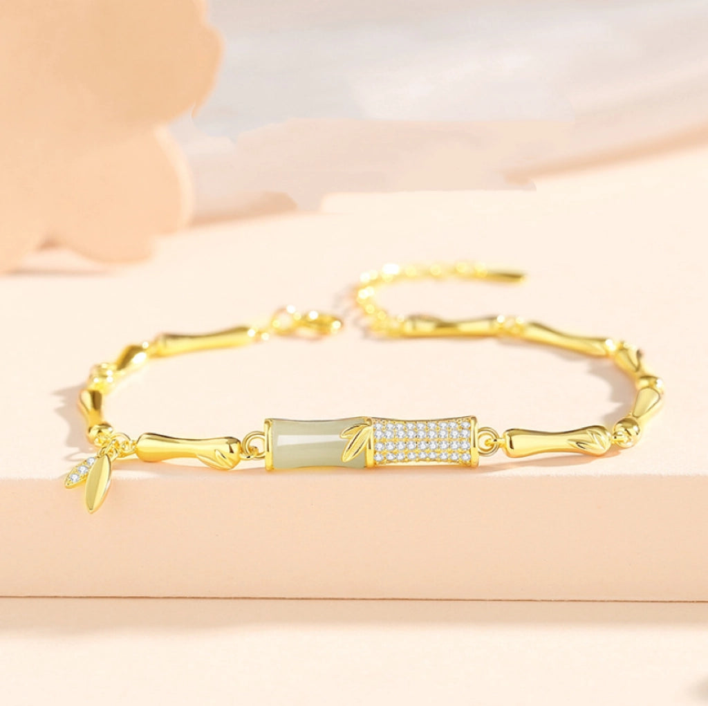 Oriental Treasure Golden Bamboo Bracelet Literati Spirit Natural Hetian Jade Bracelet Protection 999 Sterling Silver Bracelet Adjustable