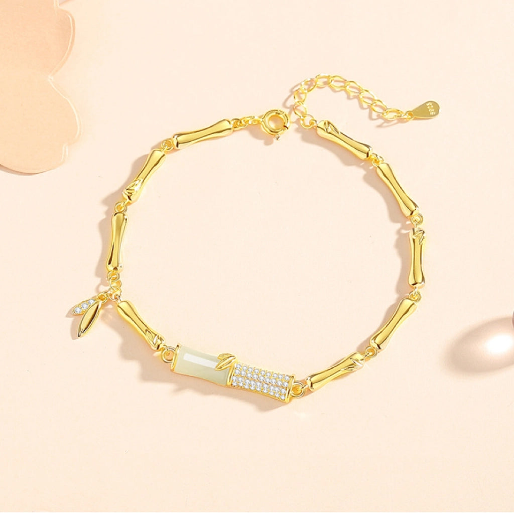 Oriental Treasure Golden Bamboo Bracelet Literati Spirit Natural Hetian Jade Bracelet Protection 999 Sterling Silver Bracelet Adjustable