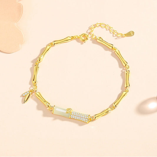 Oriental Treasure Golden Bamboo Bracelet Literati Spirit Natural Hetian Jade Bracelet Protection 999 Sterling Silver Bracelet Adjustable