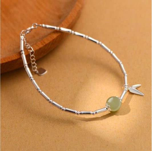 Oriental Treasure Bamboo Bracelet Nobility Natural Hetian Jade Bracelet Protection 925 Sterling Silver Bracelet Adjustable