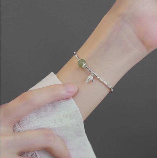 Oriental Treasure Bamboo Bracelet Nobility Natural Hetian Jade Bracelet Protection 925 Sterling Silver Bracelet Adjustable