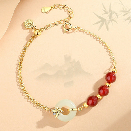 Oriental Treasure Peace Knot Agate Bracelet He Tian Jade Bracelet Bamboo Character "Fu" (福)Golden Rope Adjustable 925 Sterling Silver