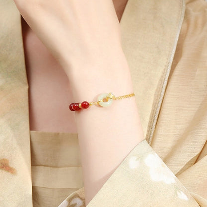 Oriental Treasure Peace Knot Agate Bracelet He Tian Jade Bracelet Bamboo Character "Fu" (福)Golden Rope Adjustable 925 Sterling Silver