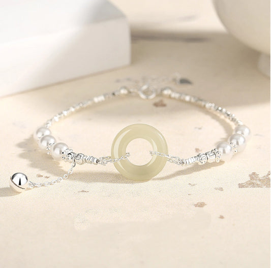 Bracelet de Nœud de Paix Trésor Oriental He Tian Jade Bracelet en Argent Sterling 925 Réglable