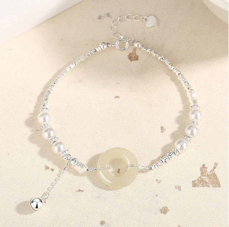 Oriental Treasure Peace Knot Bracelet He Tian Jade Bracelet Adjustable 925 Sterling Silver