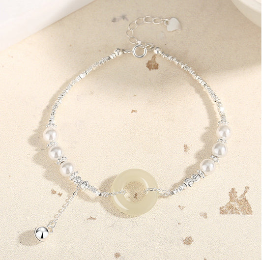 Oriental Treasure Peace Knot Bracelet He Tian Jade Bracelet Adjustable 925 Sterling Silver