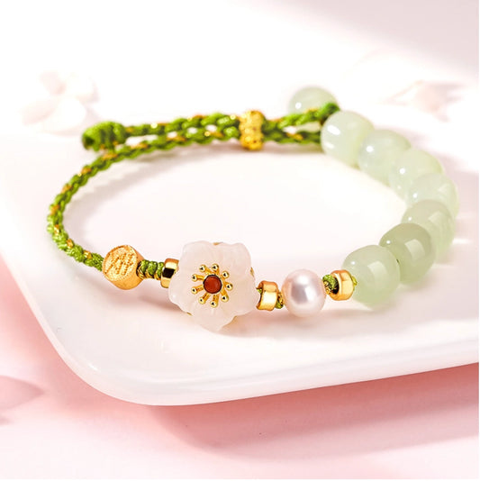 Oriental Treasure Peach Blossom Bracelet He Tian Jade Bracelet Pearl Love Bracelet 925 Sterling Silver Adjustable Woven Rope Gift for her