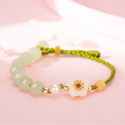Oriental Treasure Peach Blossom Bracelet He Tian Jade Bracelet Pearl Love Bracelet 925 Sterling Silver Adjustable Woven Rope Gift for her