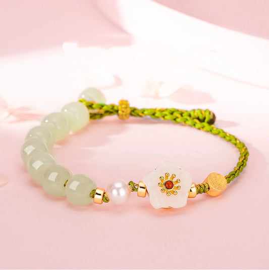 Oriental Treasure Peach Blossom Bracelet He Tian Jade Bracelet Pearl Love Bracelet 925 Sterling Silver Adjustable Woven Rope Gift for her