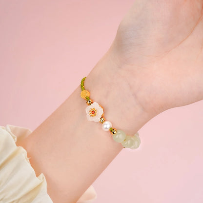 Oriental Treasure Peach Blossom Bracelet He Tian Jade Bracelet Pearl Love Bracelet 925 Sterling Silver Adjustable Woven Rope Gift for her
