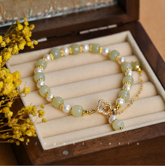 Oriental Treasure Luck Four-Leaf Clover Bracelet Pearl Bracelet Natural Hetian Jade Bracelet Adjustable
