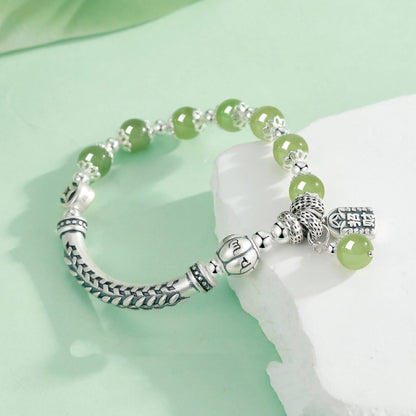 Oriental Treasure Tibetan Six-Syllable Mantra Bracelet Wealthy Bag Natural Hetian Jade Bracelet BUDDHA Blessing 999 Sterling Silver Bracelet Adjustable