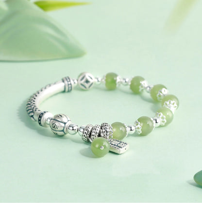 Oriental Treasure Tibetan Six-Syllable Mantra Bracelet Wealthy Bag Natural Hetian Jade Bracelet BUDDHA Blessing 999 Sterling Silver Bracelet Adjustable