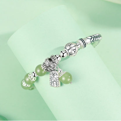 Oriental Treasure Tibetan Six-Syllable Mantra Bracelet Wealthy Bag Natural Hetian Jade Bracelet BUDDHA Blessing 999 Sterling Silver Bracelet Adjustable