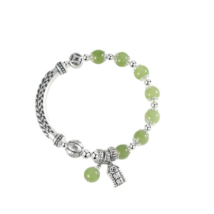 Oriental Treasure Tibetan Six-Syllable Mantra Bracelet Wealthy Bag Natural Hetian Jade Bracelet BUDDHA Blessing 999 Sterling Silver Bracelet Adjustable