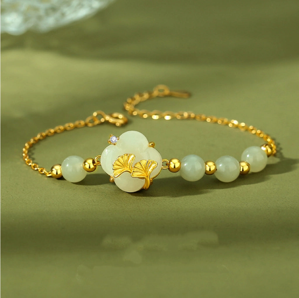 Oriental Treasure Four-Leaf Clover Natural Hetian Jade Bracelet Ginkgo biloba Bracelet Adjustable Rope