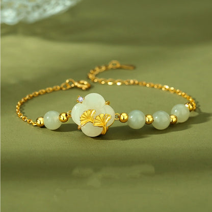 Oriental Treasure Four-Leaf Clover Natural Hetian Jade Bracelet Ginkgo biloba Bracelet Adjustable Rope