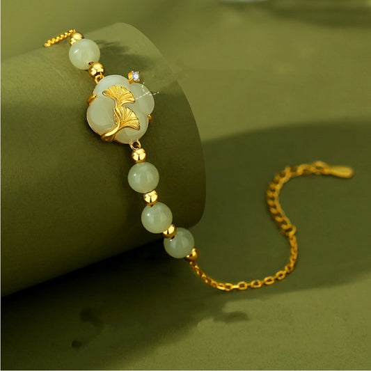 Oriental Treasure Four-Leaf Clover Natural Hetian Jade Bracelet Ginkgo biloba Bracelet Adjustable Rope