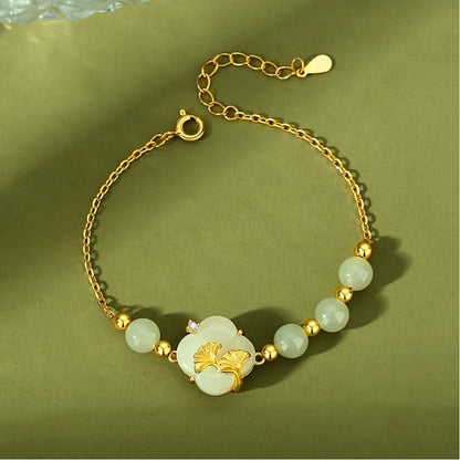 Oriental Treasure Four-Leaf Clover Natural Hetian Jade Bracelet Ginkgo biloba Bracelet Adjustable Rope