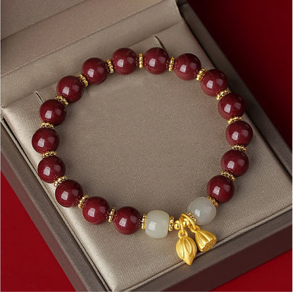 Oriental Treasure Cinnabar Bracelet Lotus Seedpod Natural Hetian Jade Bracelet Adjustable Rope