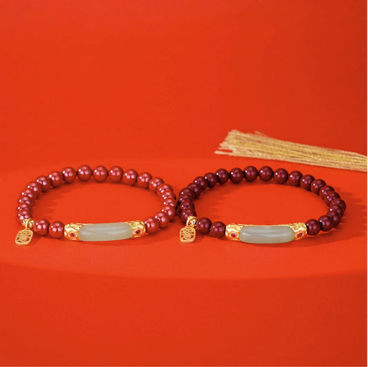 Trésor Oriental Bracelet Ruyi Bracelet en Cinabre Bracelet en Jade Naturel de Hetian Réglable