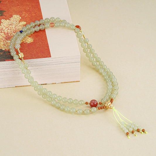 Collier de perles de jade naturel trésor oriental bonne fortune gourde nœud de paix agate frange collier argent sterling 925 bois de noix lapis-lazuli