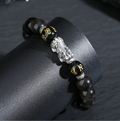 Oriental Treasure Natural Black Obsidian Bracelet Career Success Chinese Style Pi Xiu Bracelet Dual Wealth 999 Sterling Silver Protection Adjustable Bracelet for Men/Dad/Boys