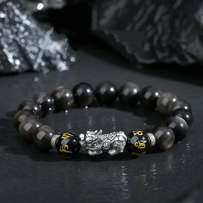 Oriental Treasure Natural Black Obsidian Bracelet Career Success Chinese Style Pi Xiu Bracelet Dual Wealth 999 Sterling Silver Protection Adjustable Bracelet for Men/Dad/Boys