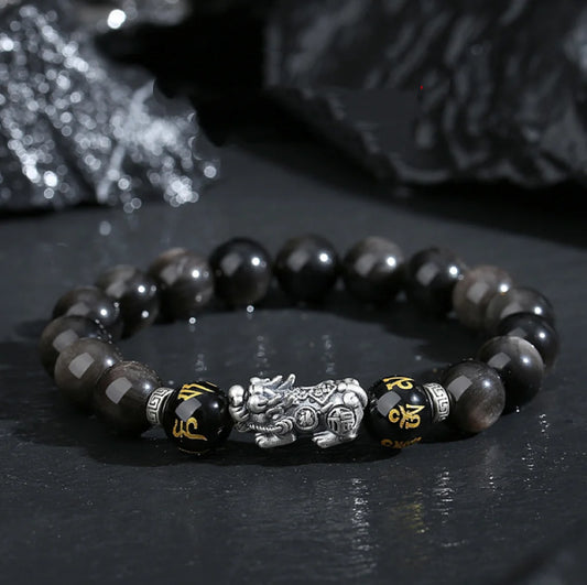 Bracelet de Trésor Oriental en Obsidienne Noire Naturelle Réussite Professionnelle Style Chinois Bracelet Pi Xiu Double Richesse Argent Sterling 999 Protection Ajustable pour Hommes/Papa/Garçons