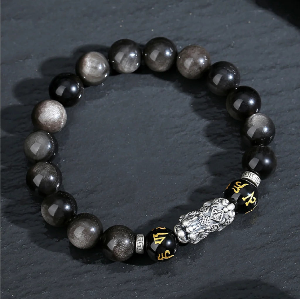 Oriental Treasure Natural Black Obsidian Bracelet Career Success Chinese Style Pi Xiu Bracelet Dual Wealth 999 Sterling Silver Protection Adjustable Bracelet for Men/Dad/Boys