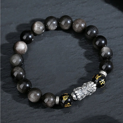 Oriental Treasure Natural Black Obsidian Bracelet Career Success Chinese Style Pi Xiu Bracelet Dual Wealth 999 Sterling Silver Protection Adjustable Bracelet for Men/Dad/Boys
