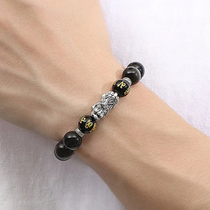 Oriental Treasure Natural Black Obsidian Bracelet Career Success Chinese Style Pi Xiu Bracelet Dual Wealth 999 Sterling Silver Protection Adjustable Bracelet for Men/Dad/Boys