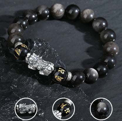 Oriental Treasure Natural Black Obsidian Bracelet Career Success Chinese Style Pi Xiu Bracelet Dual Wealth 999 Sterling Silver Protection Adjustable Bracelet for Men/Dad/Boys