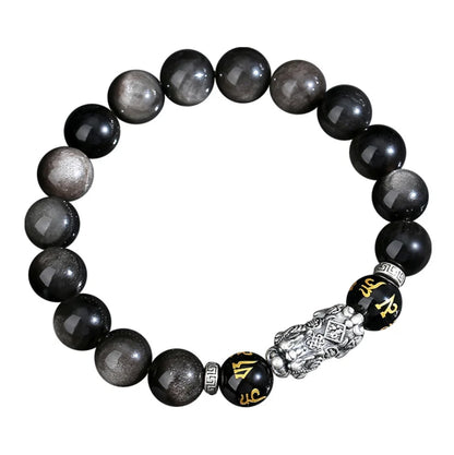 Oriental Treasure Natural Black Obsidian Bracelet Career Success Chinese Style Pi Xiu Bracelet Dual Wealth 999 Sterling Silver Protection Adjustable Bracelet for Men/Dad/Boys
