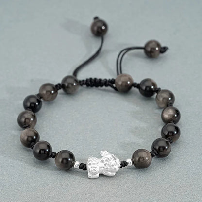 Oriental Treasure Career Success Chinese Style Pi Xiu Bracelet Natural Black Obsidian Bracelet Dual Wealth 999 Sterling Silver Protection Adjustable Bracelet for Men/Dad/Boys