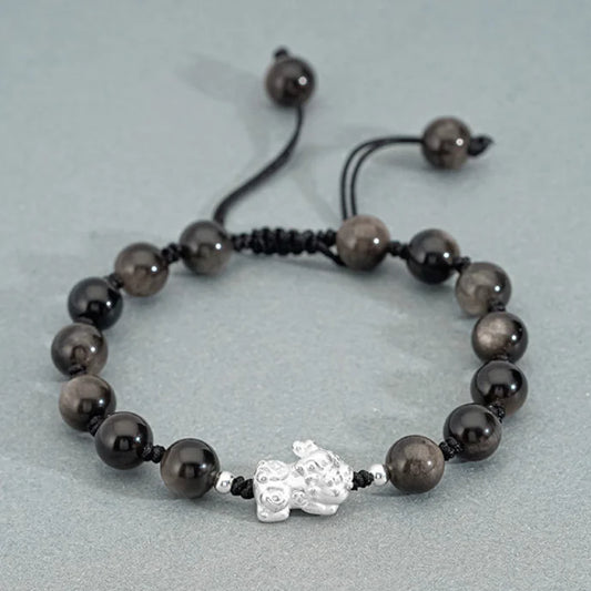 Bracelet de Pi Xiu au style chinois pour la réussite professionnelle Trésor oriental Bracelet en obsidienne noire naturelle Double richesse Argent sterling 999 Protection Bracelet réglable pour hommes/Papa/Garçons