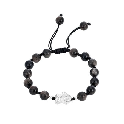 Oriental Treasure Career Success Chinese Style Pi Xiu Bracelet Natural Black Obsidian Bracelet Dual Wealth 999 Sterling Silver Protection Adjustable Bracelet for Men/Dad/Boys