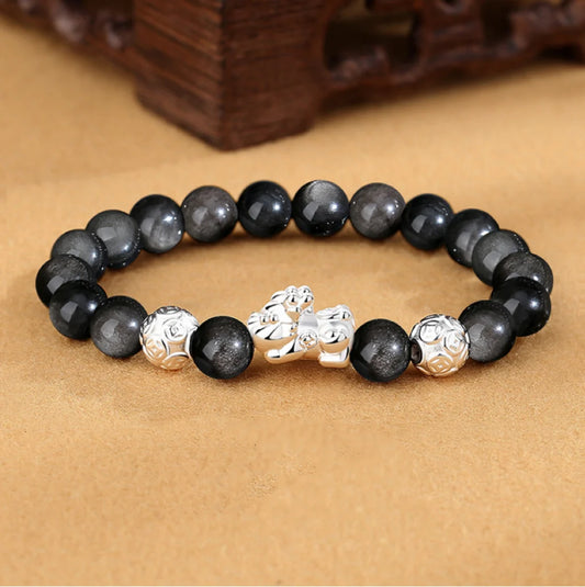 Bracelet de Style Chinois Pi Xiu Accumulation de Richesse Trésor Oriental Bracelet en Obsidienne Noire Naturelle Bracelet en Argent Massif 999 Protection Réglable pour Hommes/Papa/Garçons