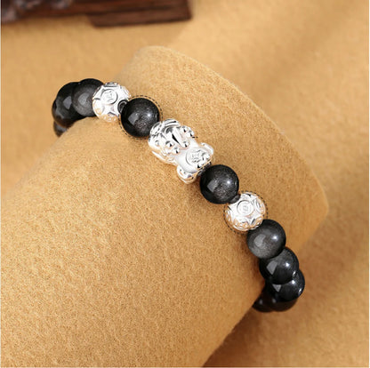 Oriental Treasure Wealth Accumulation Chinese Style Pi Xiu Bracelet Natural Black Obsidian Bracelet 999 Sterling Silver Protection Adjustable Bracelet for Men/Dad/Boys