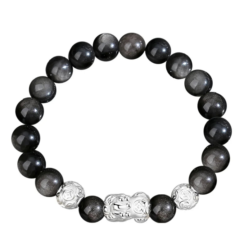 Oriental Treasure Wealth Accumulation Chinese Style Pi Xiu Bracelet Natural Black Obsidian Bracelet 999 Sterling Silver Protection Adjustable Bracelet for Men/Dad/Boys