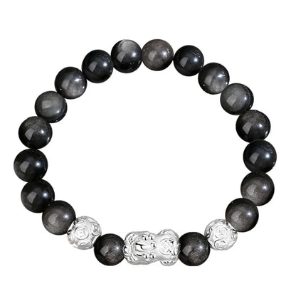 Oriental Treasure Wealth Accumulation Chinese Style Pi Xiu Bracelet Natural Black Obsidian Bracelet 999 Sterling Silver Protection Adjustable Bracelet for Men/Dad/Boys