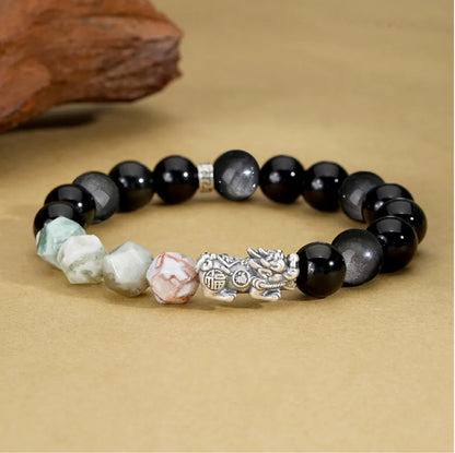 Oriental Treasure Wealth Accumulation Chinese Style Pi Xiu Bracelet High Quality Black Obsidian Bracelet Agate Beads 999 Sterling Silver Protection Adjustable Bracelet for Men/Dad/Boys