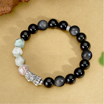 Oriental Treasure Wealth Accumulation Chinese Style Pi Xiu Bracelet High Quality Black Obsidian Bracelet Agate Beads 999 Sterling Silver Protection Adjustable Bracelet for Men/Dad/Boys