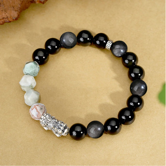 Bracelet de Style Chinois Pi Xiu Accumulation de Richesse Trésor Oriental Bracelet en Obsidienne Noire de Haute Qualité Perles d'Agate Bracelet en Argent Massif 999 Protection Réglable pour Hommes/Papa/Garçons