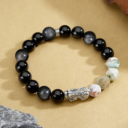 Oriental Treasure Wealth Accumulation Chinese Style Pi Xiu Bracelet High Quality Black Obsidian Bracelet Agate Beads 999 Sterling Silver Protection Adjustable Bracelet for Men/Dad/Boys