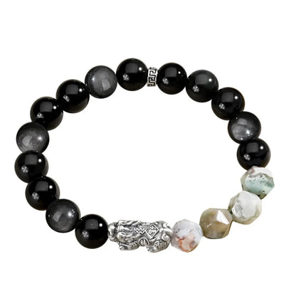 Oriental Treasure Wealth Accumulation Chinese Style Pi Xiu Bracelet High Quality Black Obsidian Bracelet Agate Beads 999 Sterling Silver Protection Adjustable Bracelet for Men/Dad/Boys