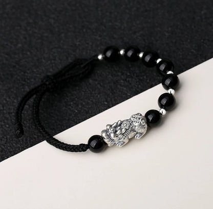 Oriental Treasure Chinese Pi Xiu Bracelet Wealth Accumulation Natural Black Obsidian Bracelet 999 Sterling Silver Protection Adjustable Bracelet for Men/Dad/Boys