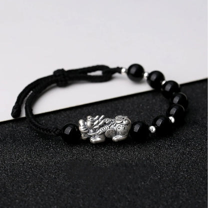 Oriental Treasure Chinese Pi Xiu Bracelet Wealth Accumulation Natural Black Obsidian Bracelet 999 Sterling Silver Protection Adjustable Bracelet for Men/Dad/Boys