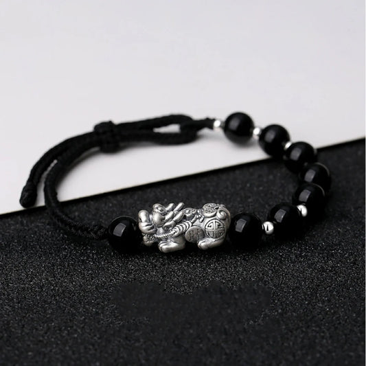 Bracelet Chinois Pi Xiu Trésor Oriental Accumulation de Richesse Obsidienne Noire Naturelle Bracelet en Argent Sterling 999 Protection Réglable pour Hommes/Papa/Garçons